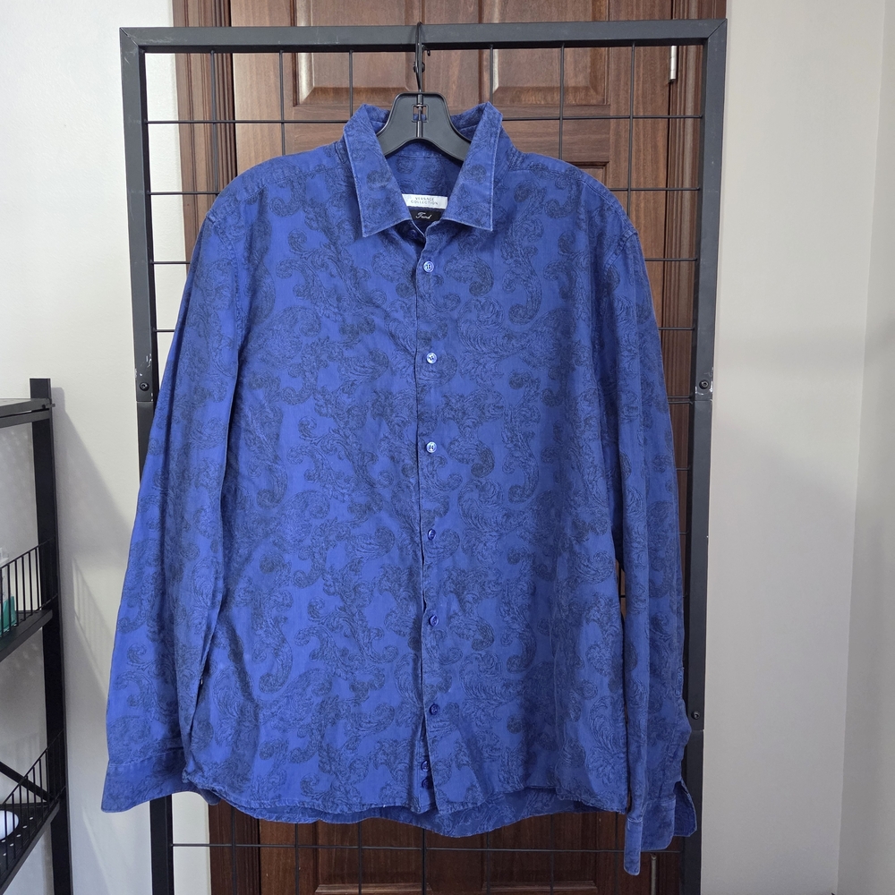 Versace Collection Trend Men's Button Down Shirt, Blue Patterned